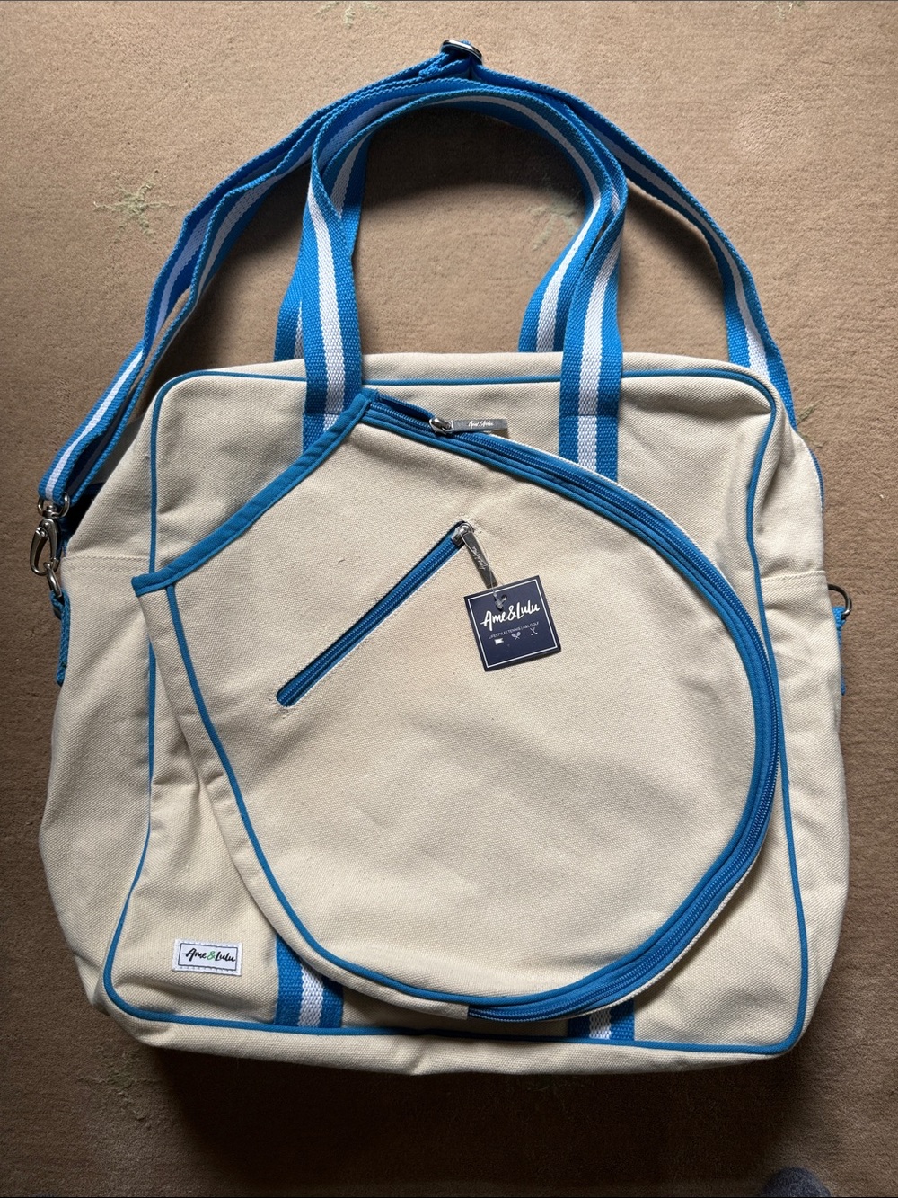 Ame & Lulu Cream Canvas Tote with Bright Blue Trim